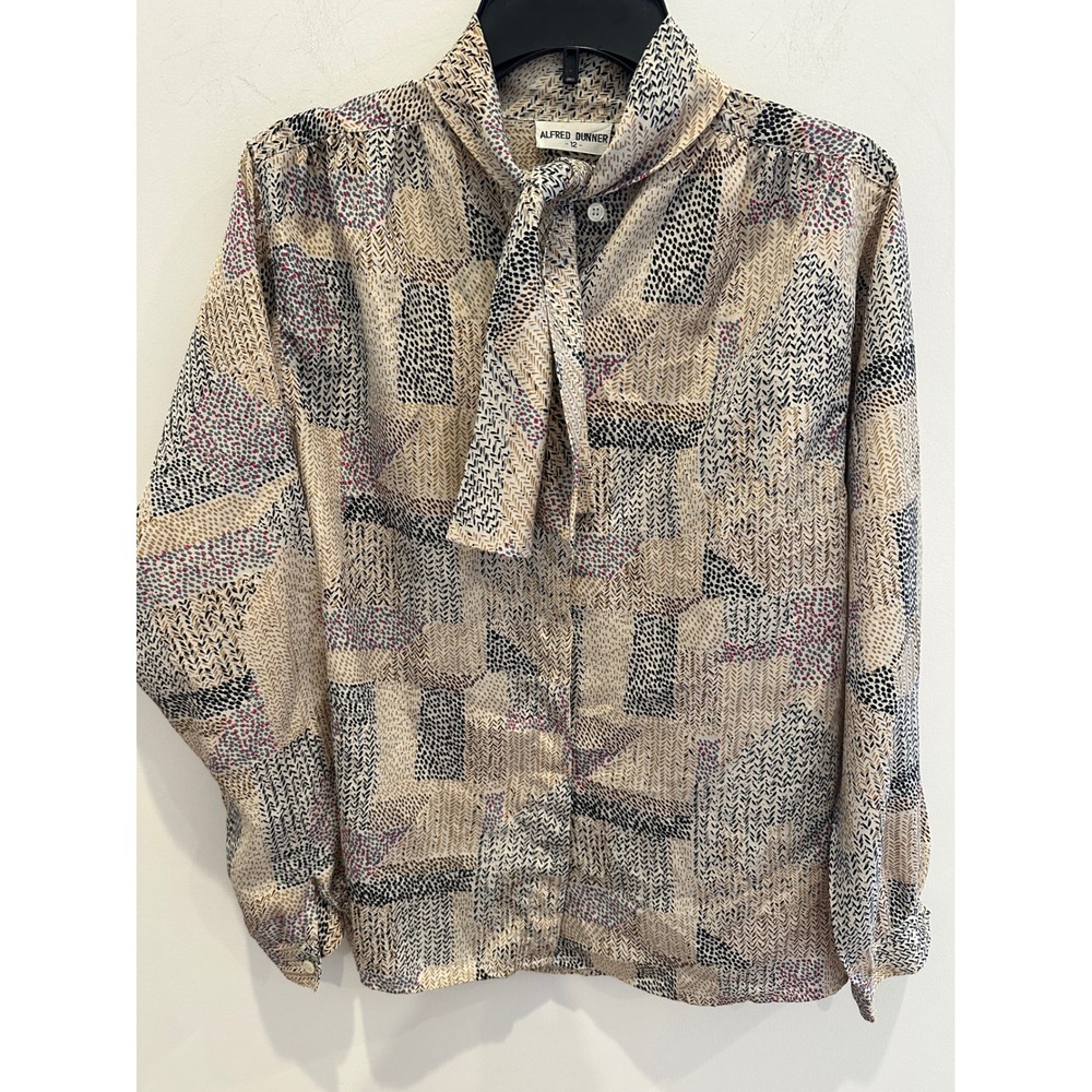 Alfred Dunner Vintage Abstract Print Tie Neck Button Up Blouse Tan Multi Size 12